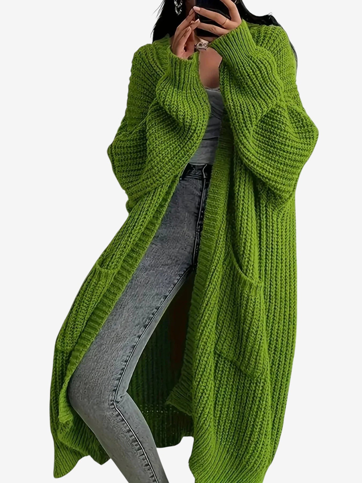 Threadly - Women's Long Cable Knit Cardigan with Round Neck