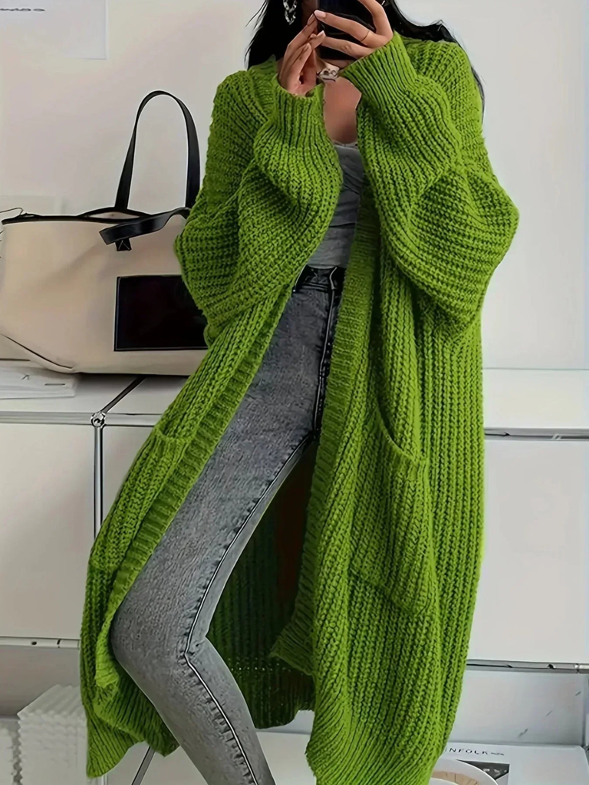 Threadly - Women's Long Cable Knit Cardigan with Round Neck