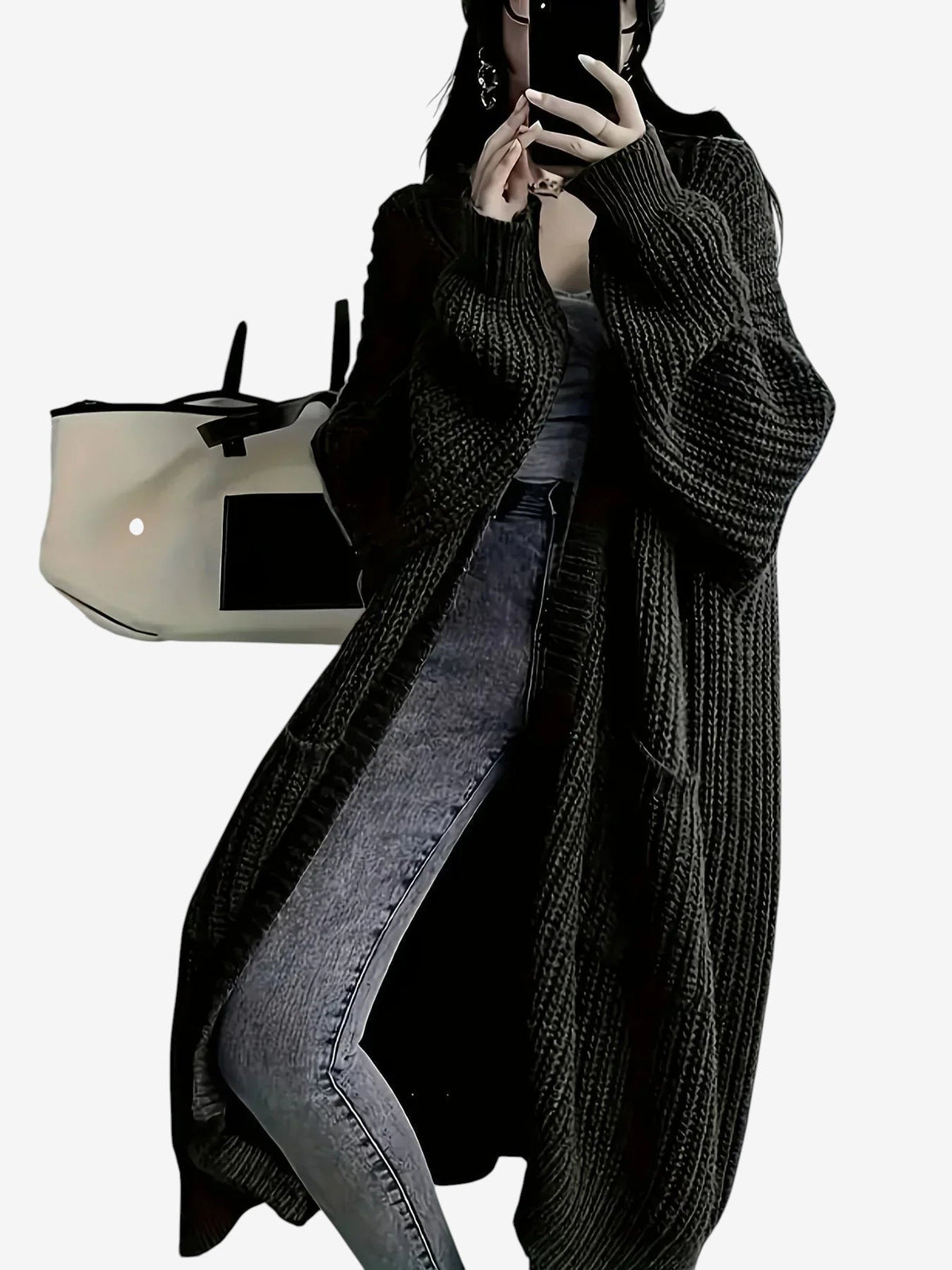Threadly - Women's Long Cable Knit Cardigan with Round Neck