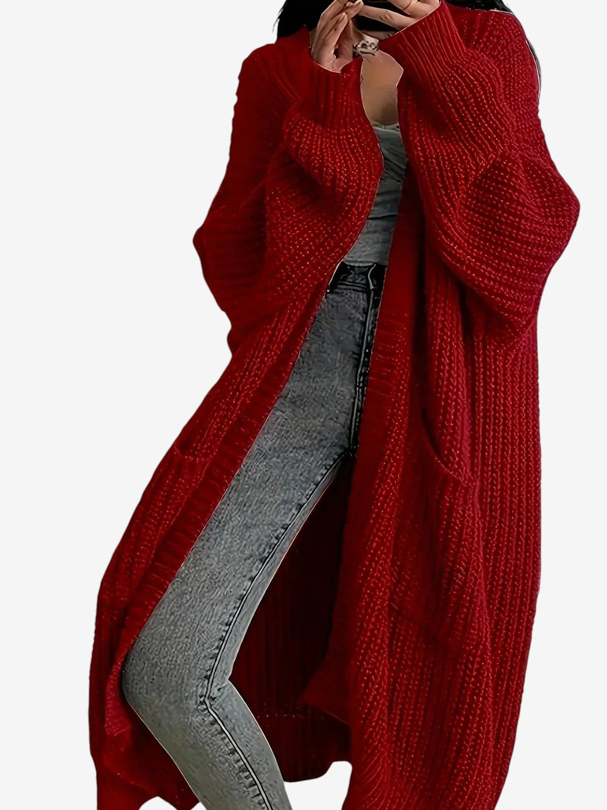 Threadly - Women's Long Cable Knit Cardigan with Round Neck