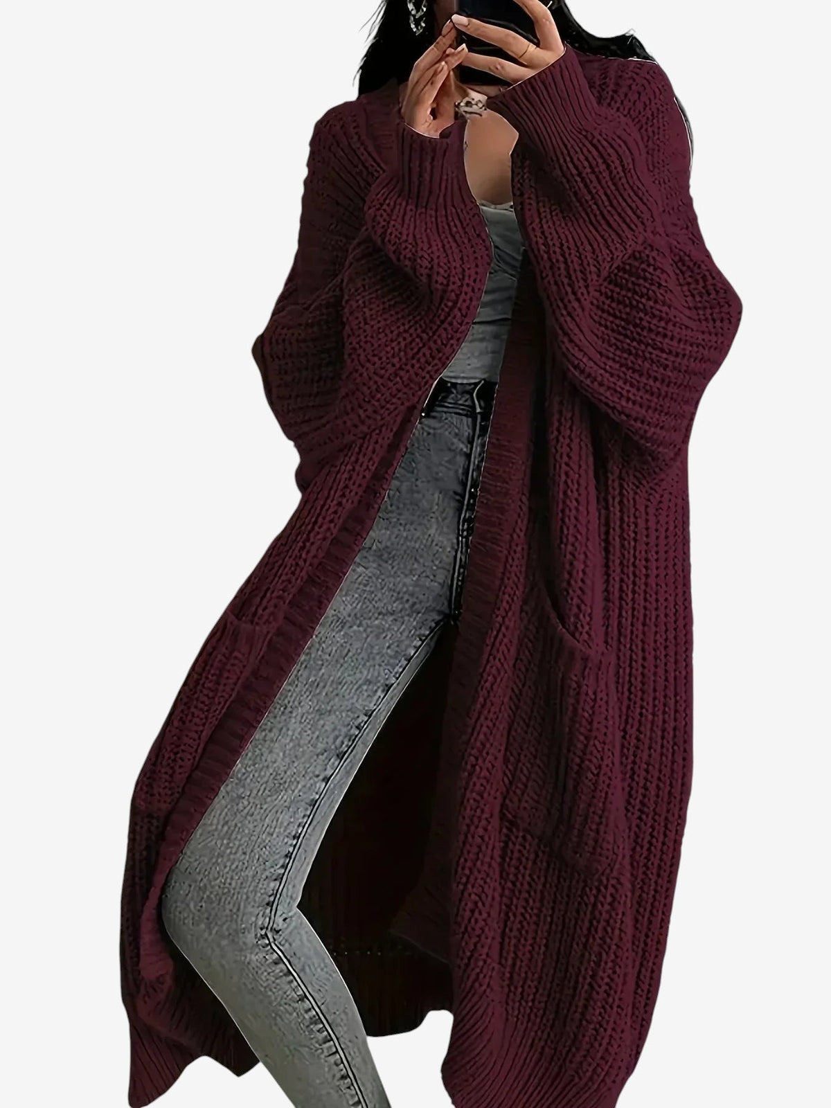 Threadly - Women's Long Cable Knit Cardigan with Round Neck