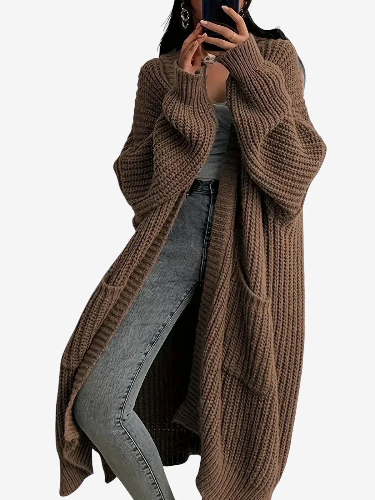 Threadly - Women's Long Cable Knit Cardigan with Round Neck