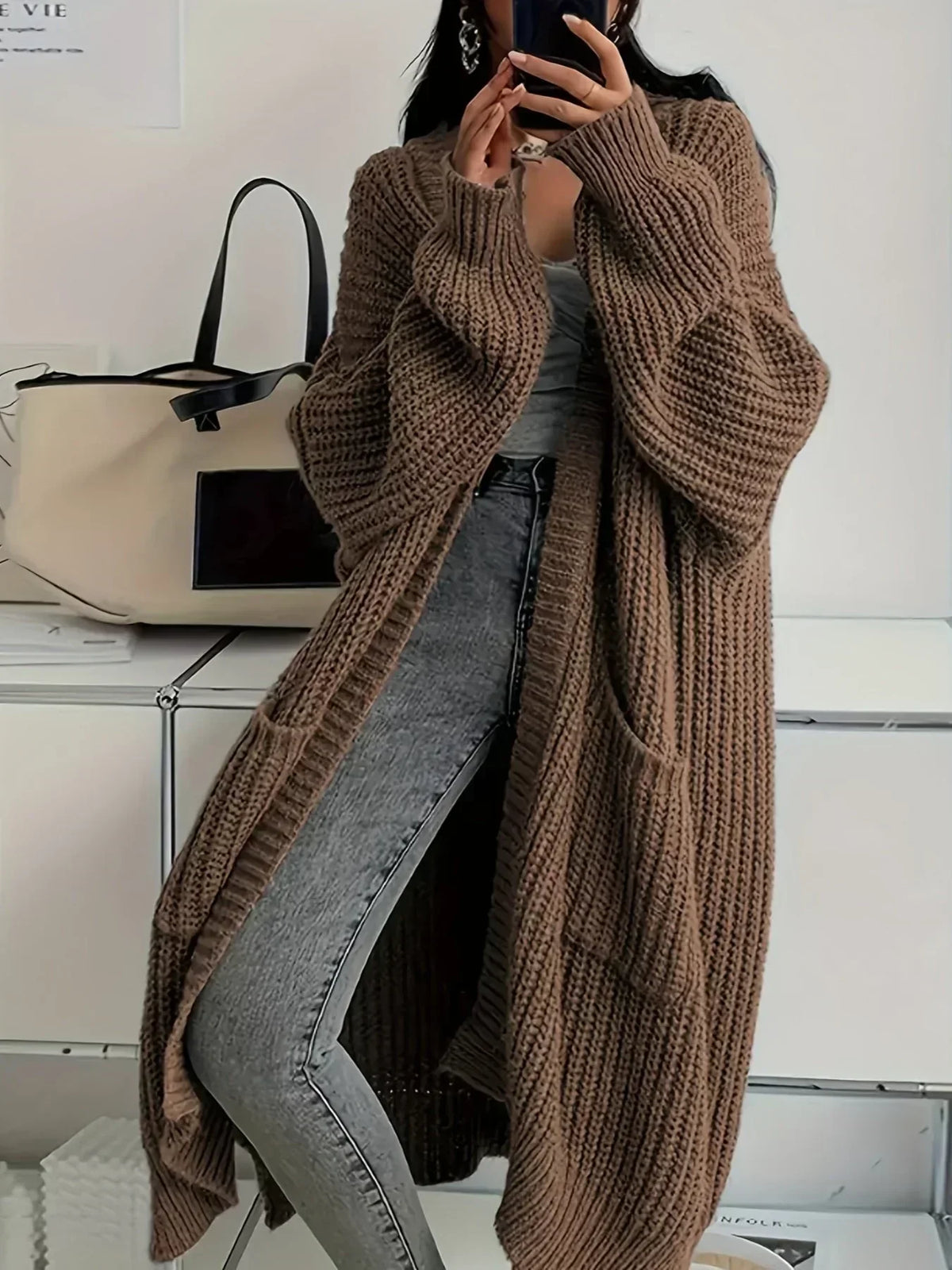 Threadly - Women's Long Cable Knit Cardigan with Round Neck