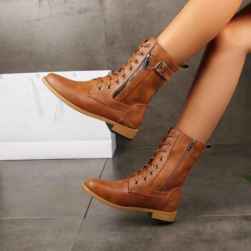 Buckelle - Women's High Boots with Laces and Side Zip