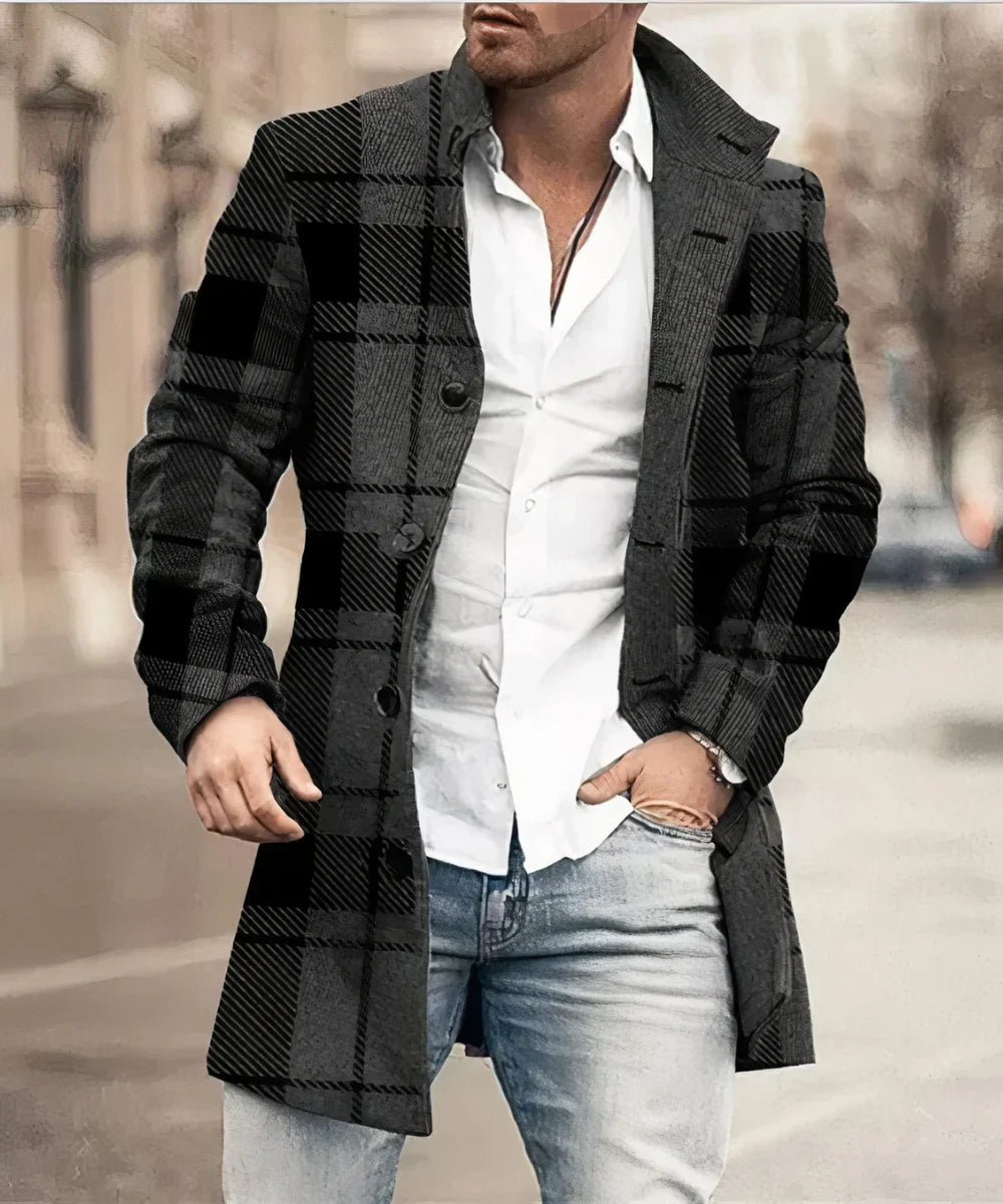 Velqorin – Long Coat with Stand Collar and Front Button Closure