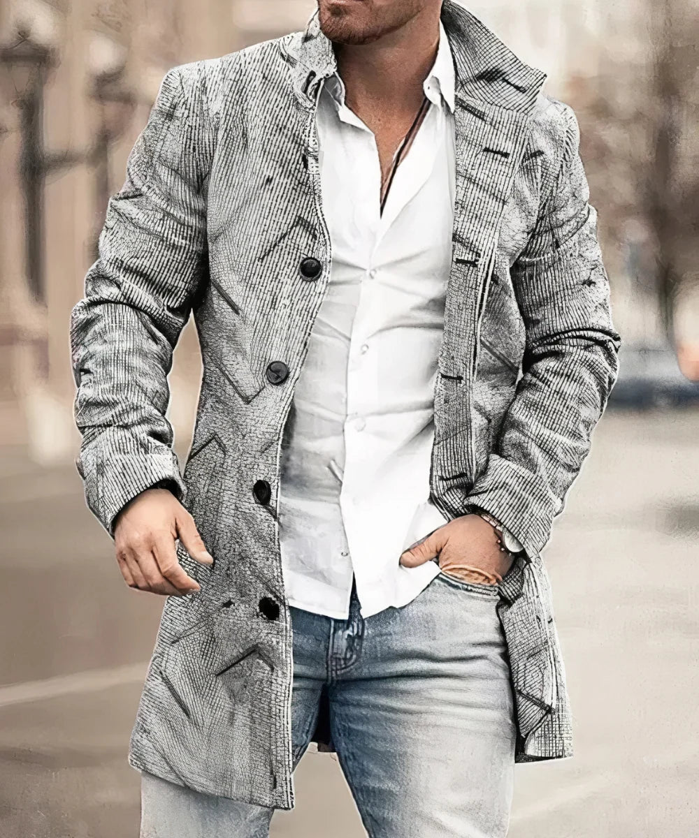 Velqorin – Long Coat with Stand Collar and Front Button Closure