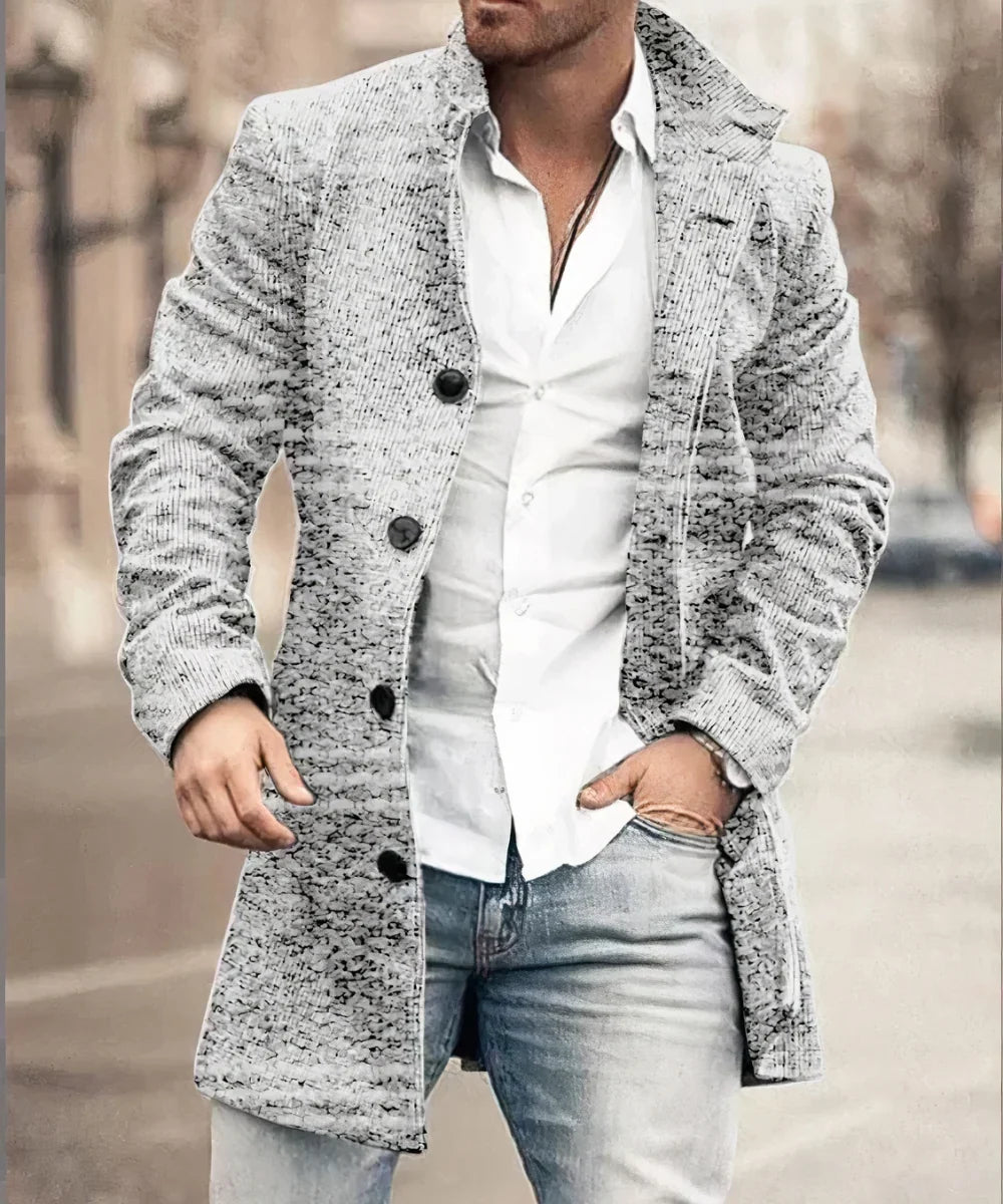 Velqorin – Long Coat with Stand Collar and Front Button Closure