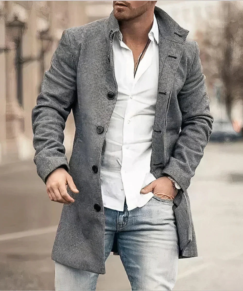 Velqorin – Long Coat with Stand Collar and Front Button Closure