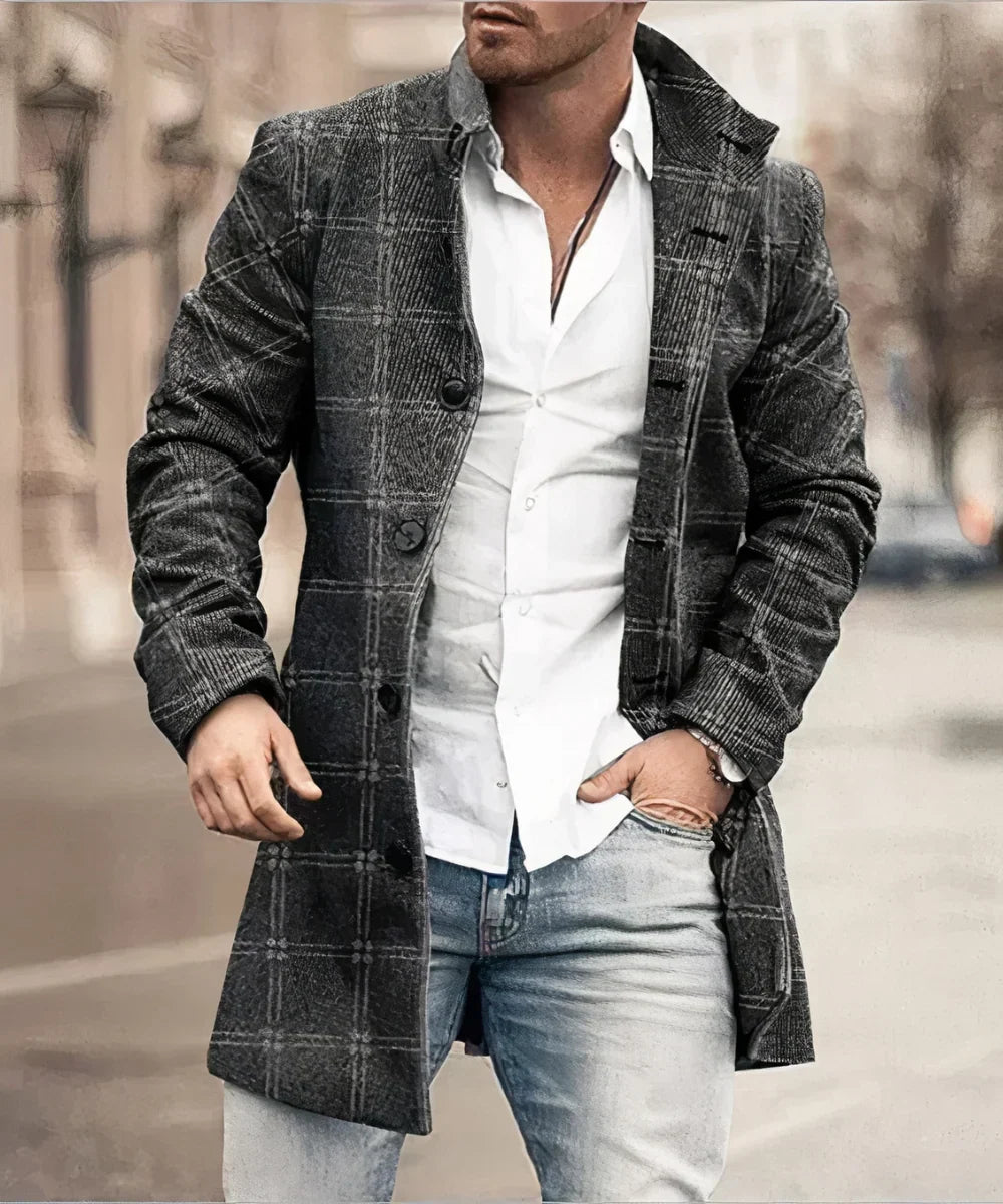 Velqorin – Long Coat with Stand Collar and Front Button Closure