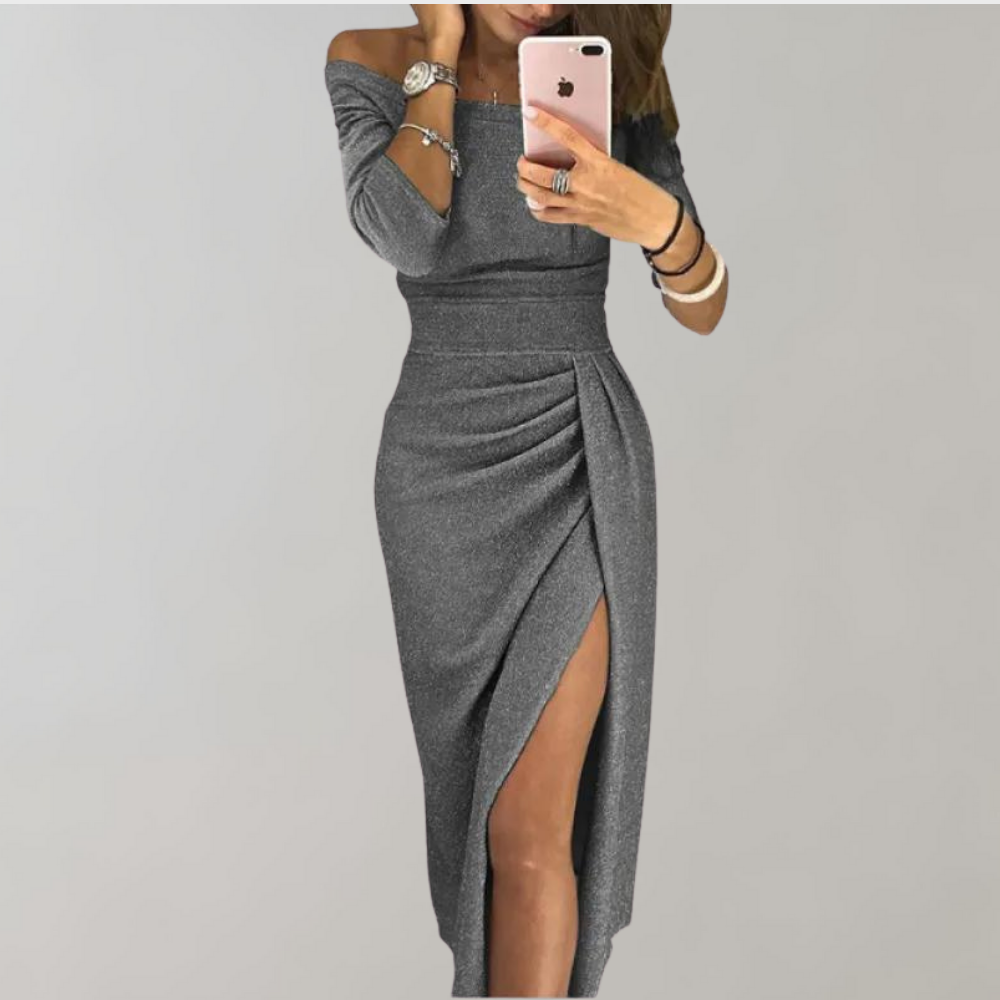 Ariane - Rochie maxi lungă cu umerii goi și despicătură laterală