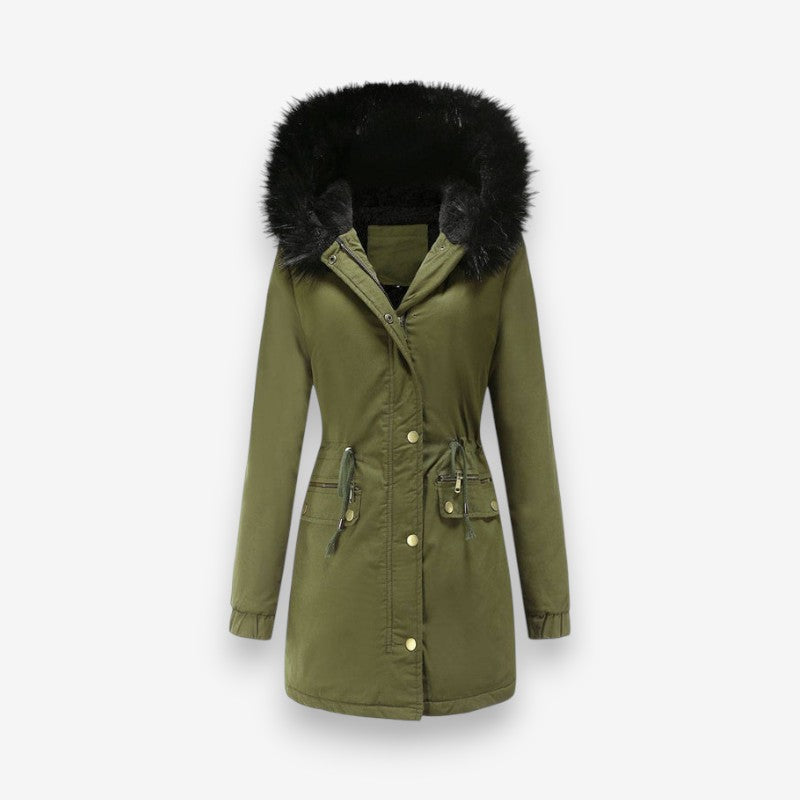 Naomi – Long Sleeve Fur Hooded Coat with Buttons