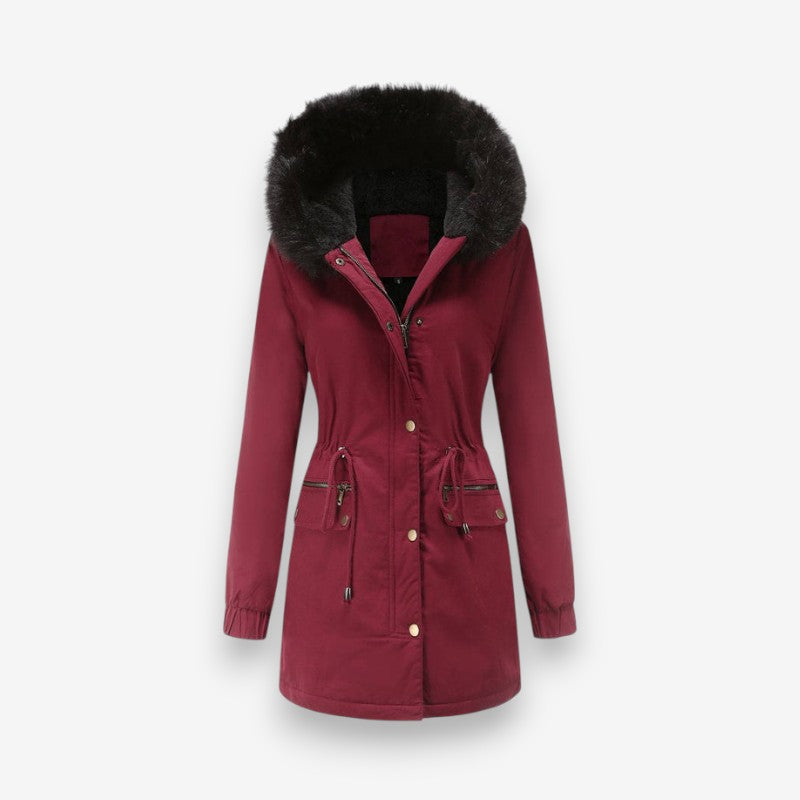 Naomi – Long Sleeve Fur Hooded Coat with Buttons
