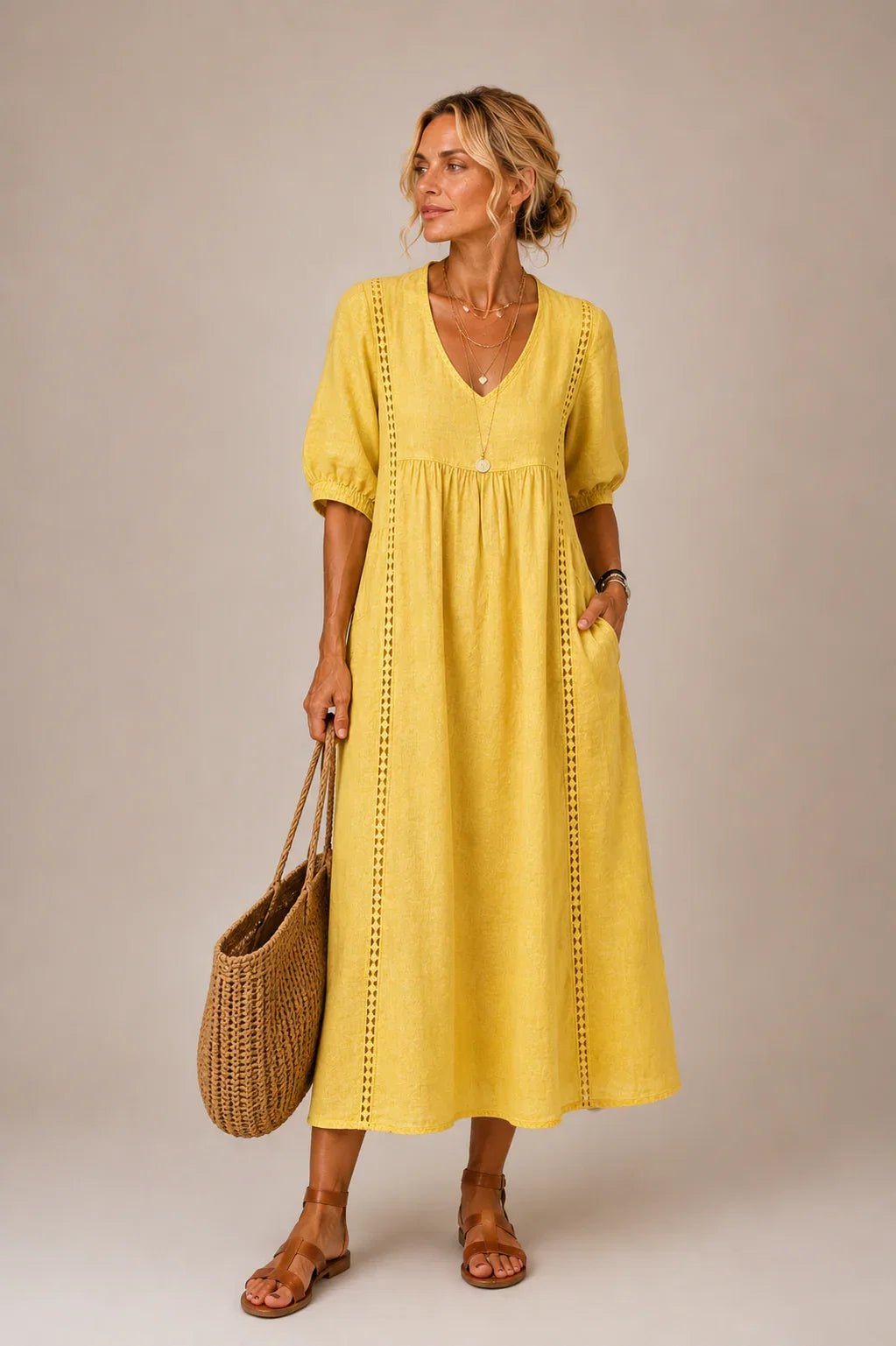 Elegant Women's Linen Blend Dress with Lace Details