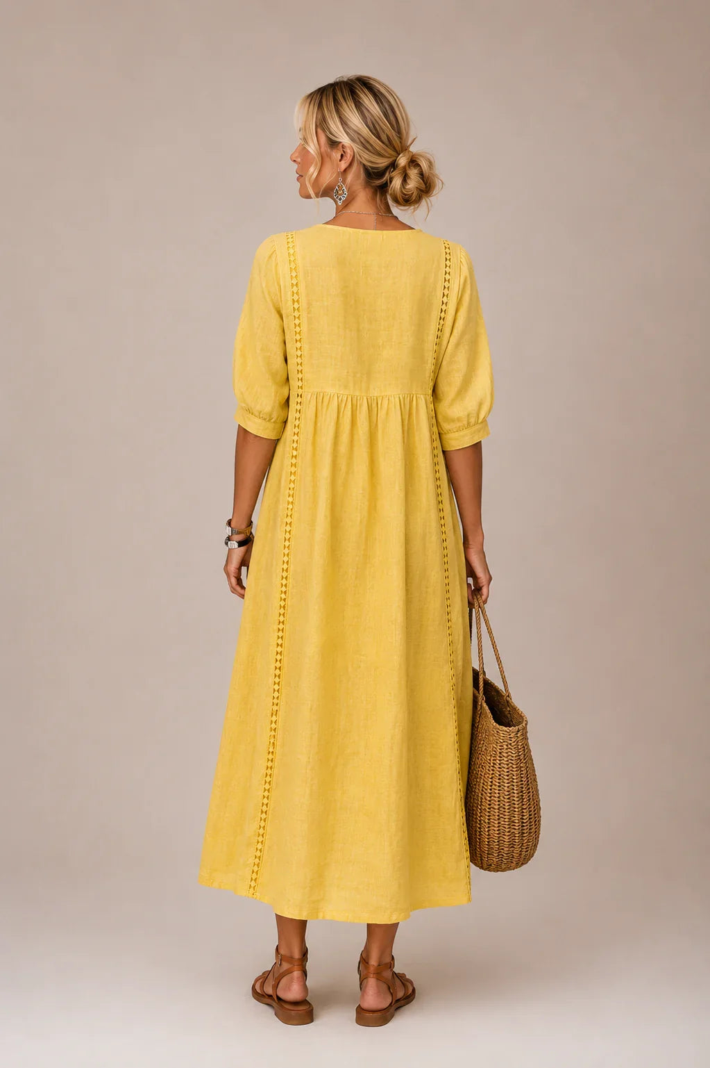 Elegant Women's Linen Blend Dress with Lace Details