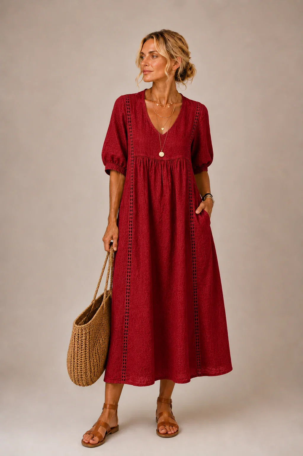 Elegant Women's Linen Blend Dress with Lace Details