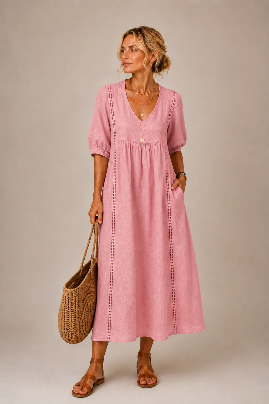 Elegant Women's Linen Blend Dress with Lace Details