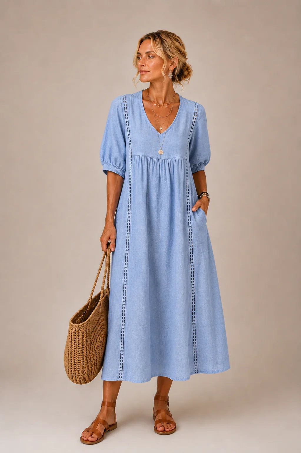 Elegant Women's Linen Blend Dress with Lace Details