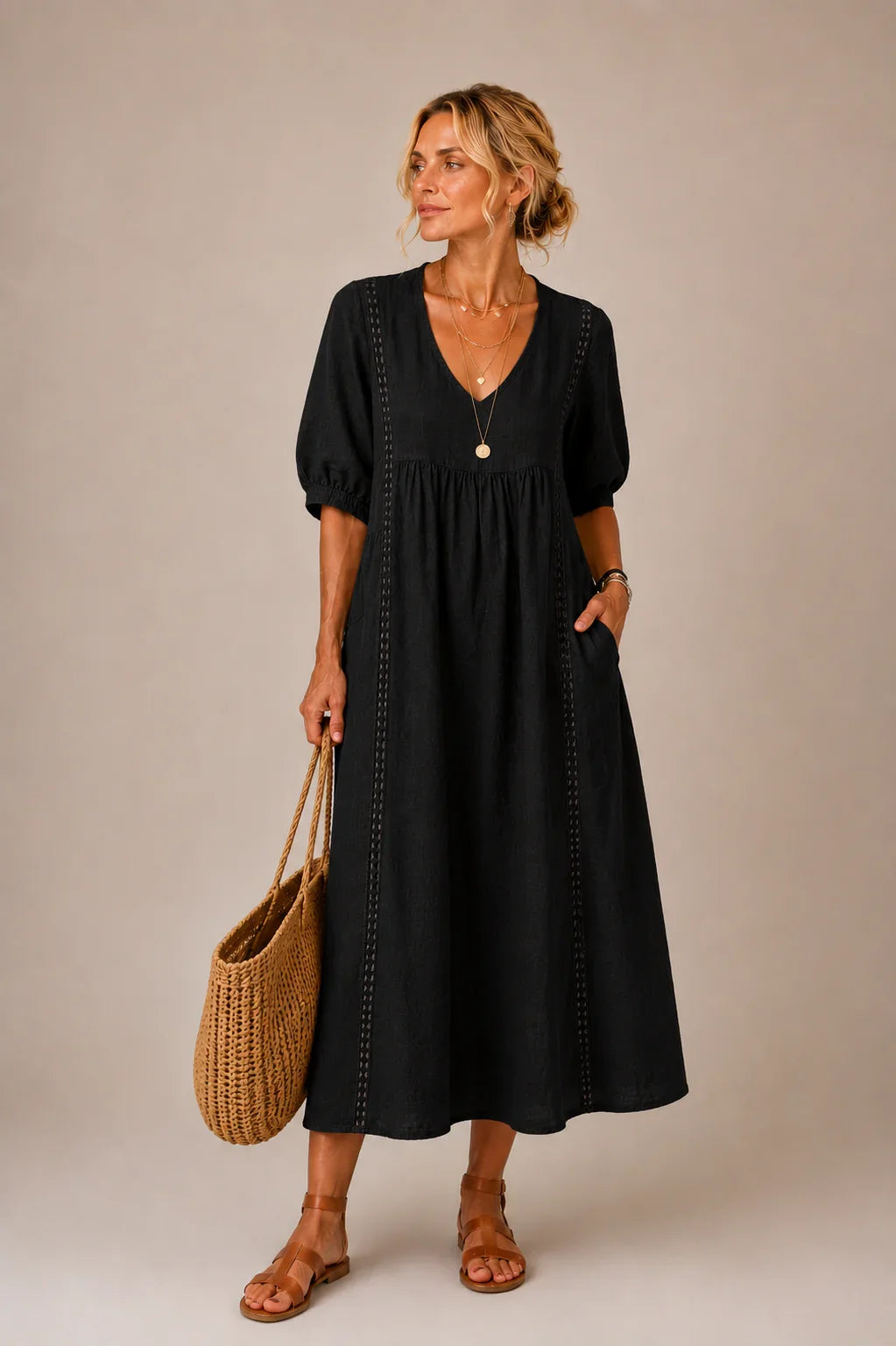 Elegant Women's Linen Blend Dress with Lace Details