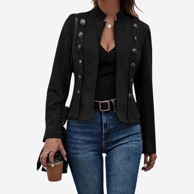 Solvya - Long Sleeve Open Front Jacket With Decorative Button
