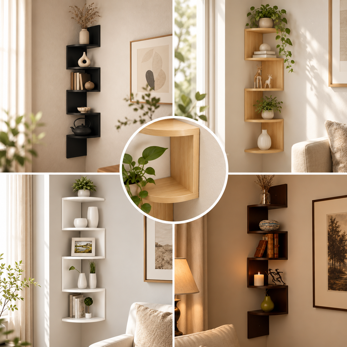 Corneriva - Étagère d’angle en bois à plusieurs niveaux