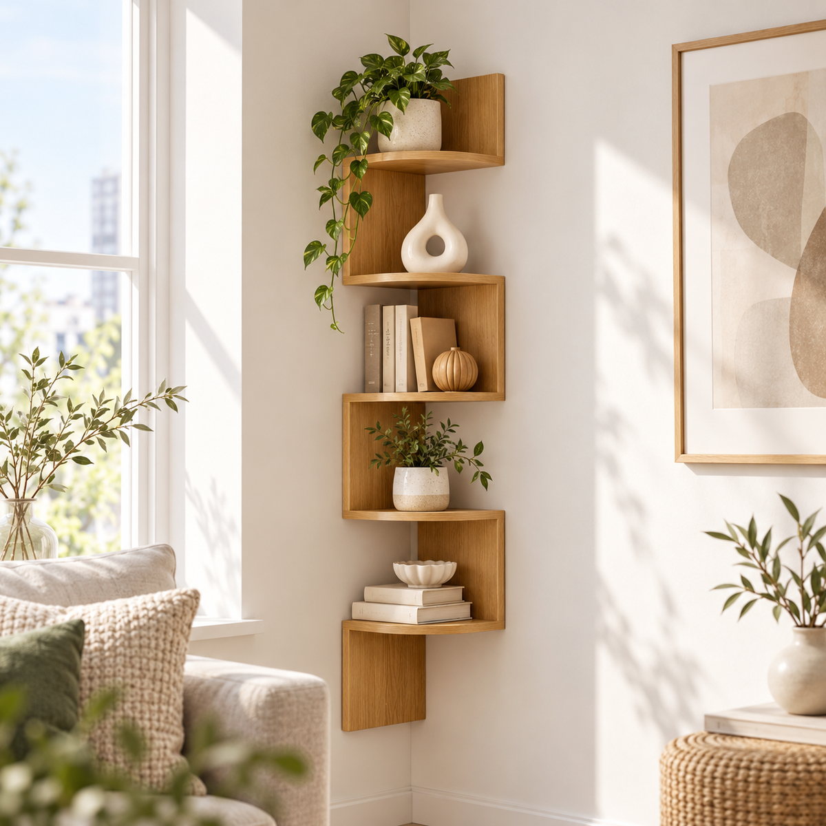 Corneriva - Étagère d’angle en bois à plusieurs niveaux