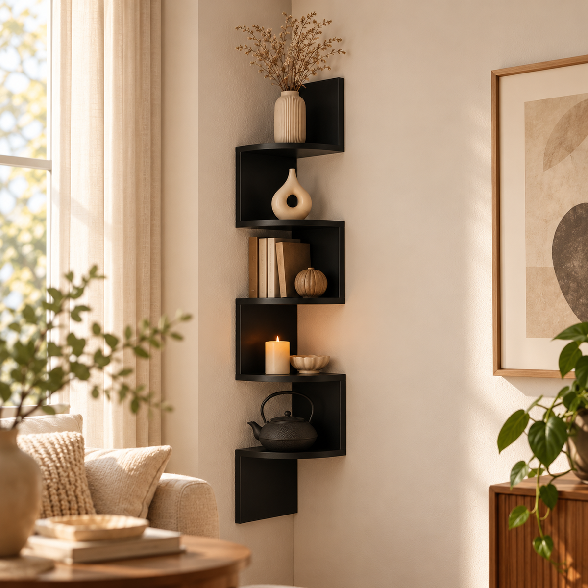Corneriva - Étagère d’angle en bois à plusieurs niveaux