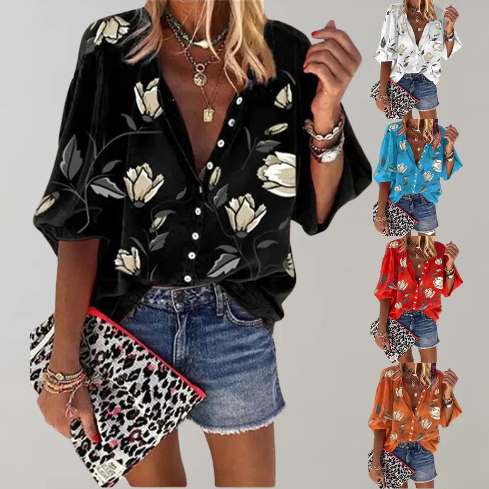 Elara - Blouse with floral print and short sleeves