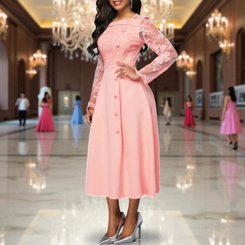 Julia – Robe midi à encolure carrée et manches longues en dentelle