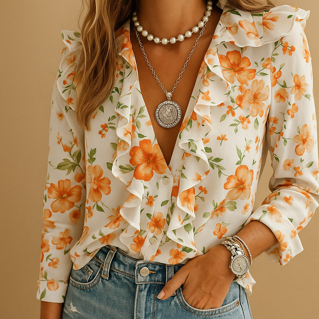 Aria – Printed Blouse with Long Sleeves and V-neck