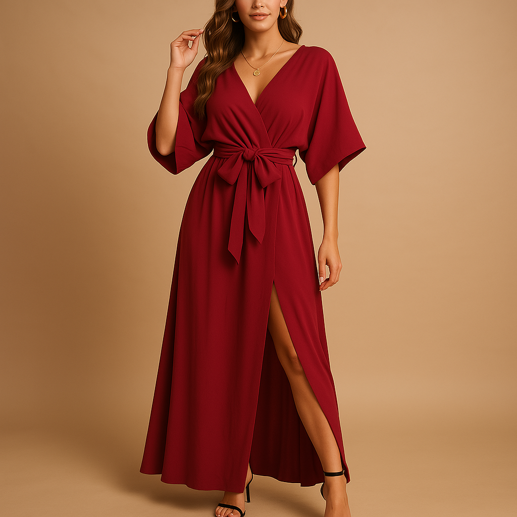 Elira – Elegant V-neck dress with short sleeves and defined high waist