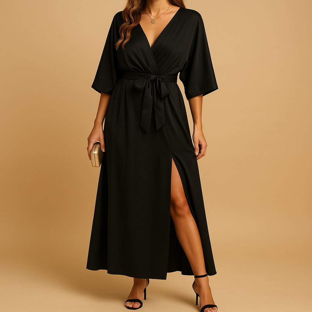 Elira – Elegant V-neck dress with short sleeves and defined high waist