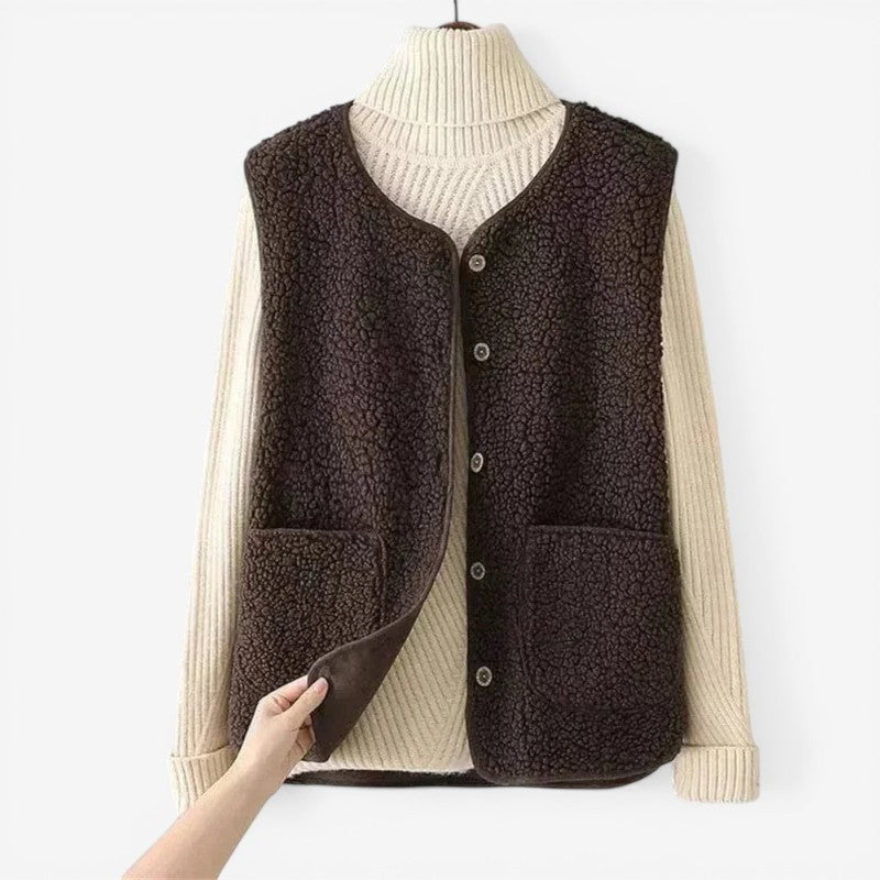 Women’s Sleeveless Buttoned Vest with Stand Collar & Pockets