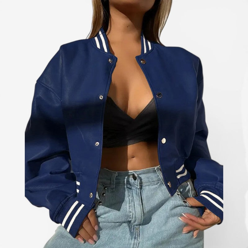Cropped Leather Jacket Round Neck Button Closure