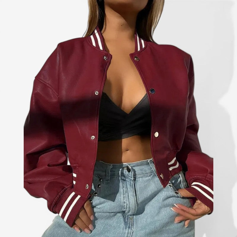 Cropped Leather Jacket Round Neck Button Closure
