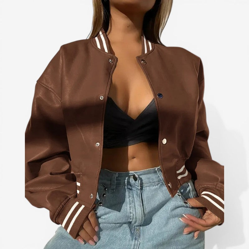 Cropped Leather Jacket Round Neck Button Closure
