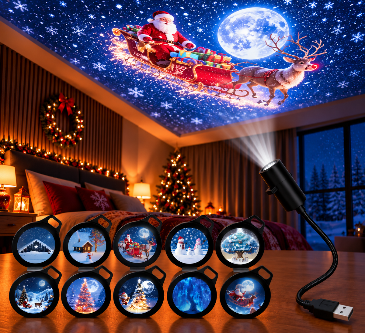 Lâmpada projetora de Natal LED USB FestiveBeam – com padrões festivos