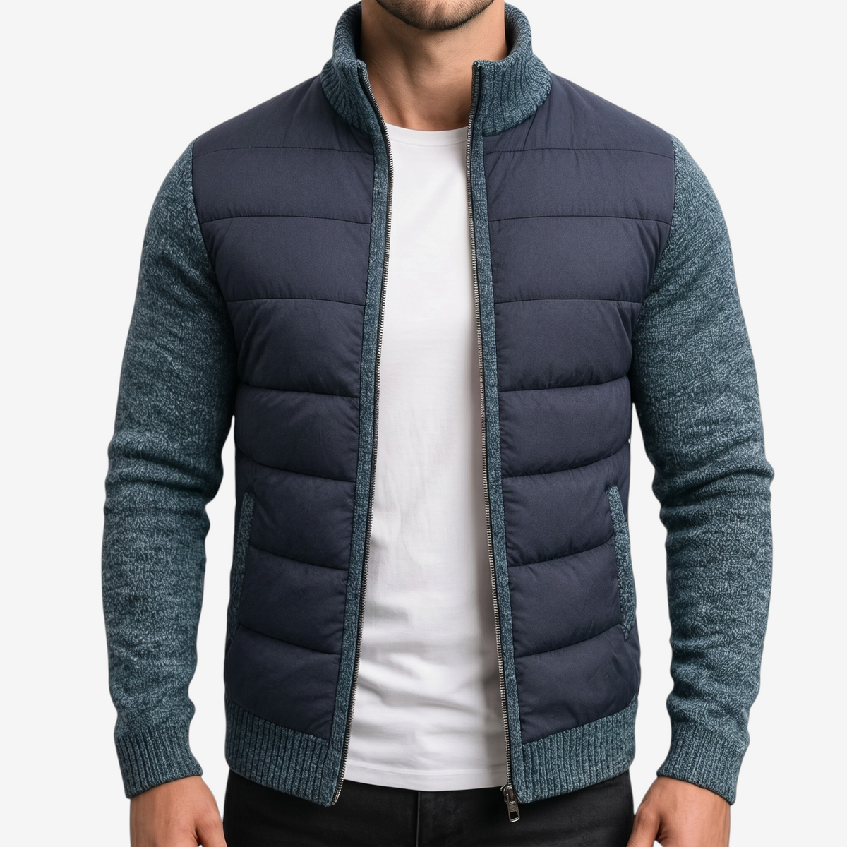 QuiltWeave – Gilet matelassé avec manches en maille et col montant