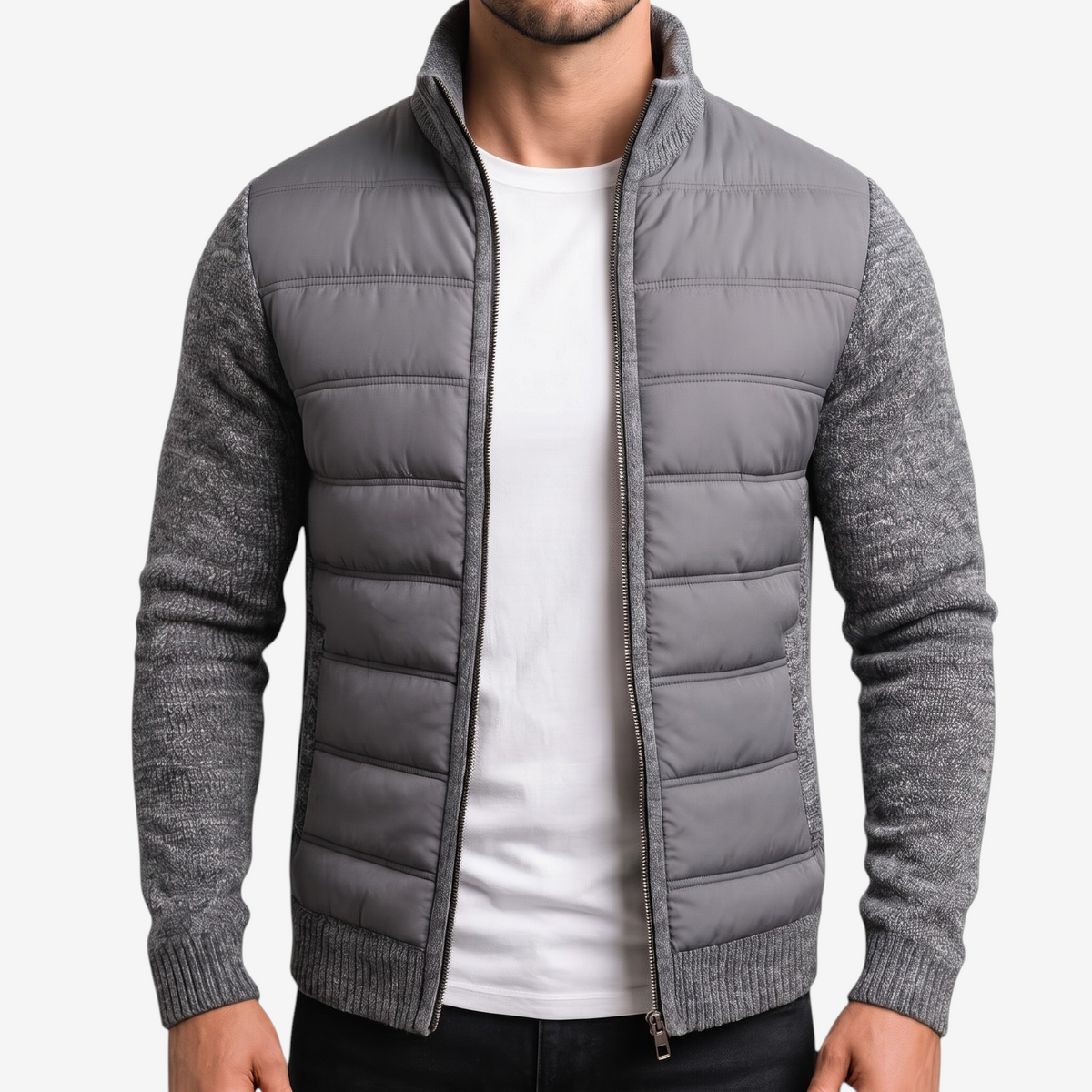 QuiltWeave – Gilet matelassé avec manches en maille et col montant