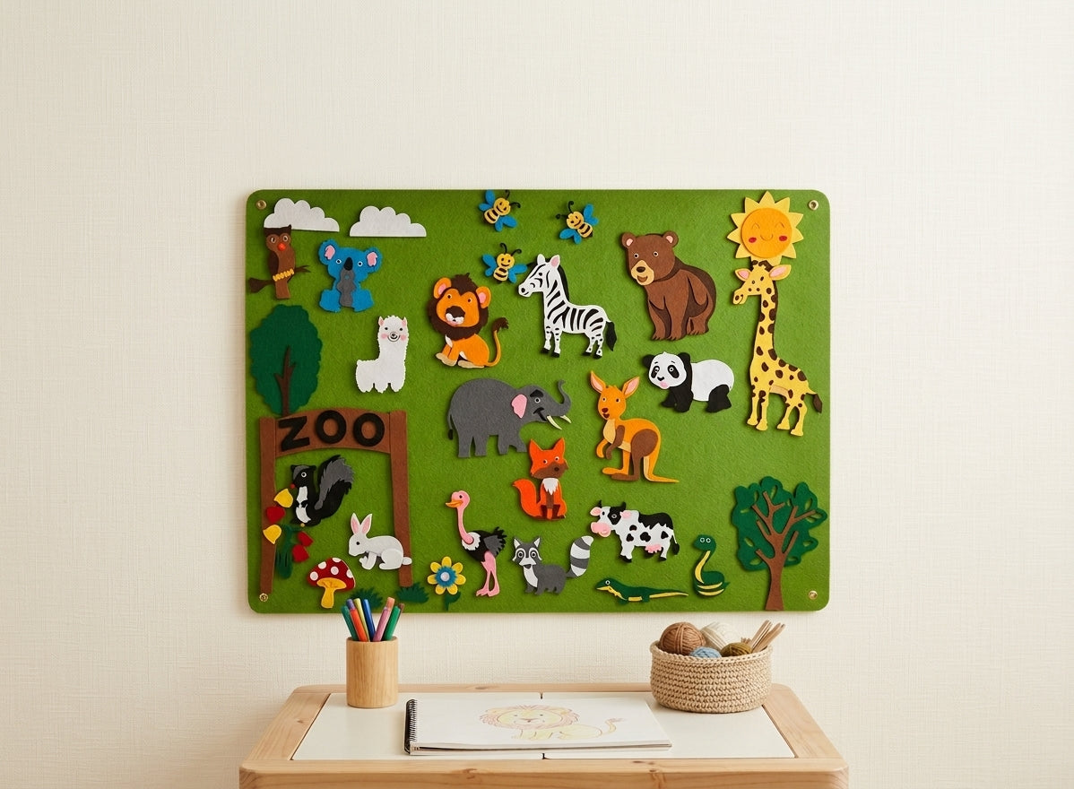 FeltScene – Set of felt boards with movable animal motif and background layout