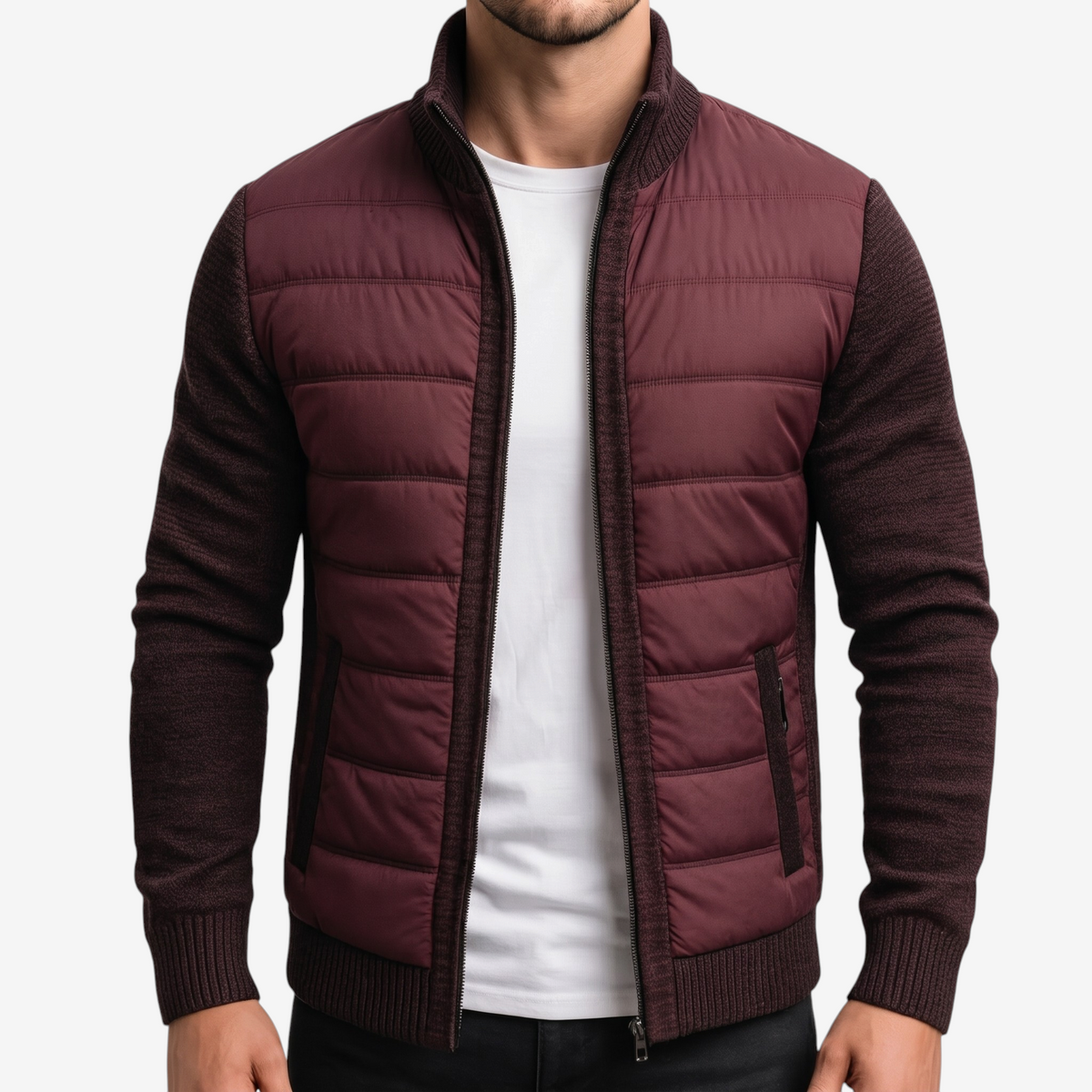 QuiltWeave – Gilet matelassé avec manches en maille et col montant