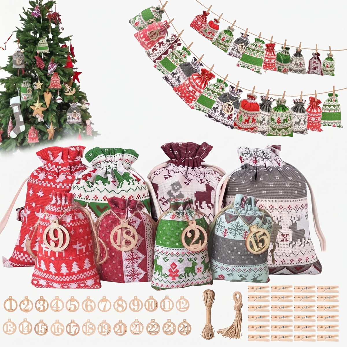 CraftCountdown – Set calendario dell'Avvento con 24 sacchetti di stoffa