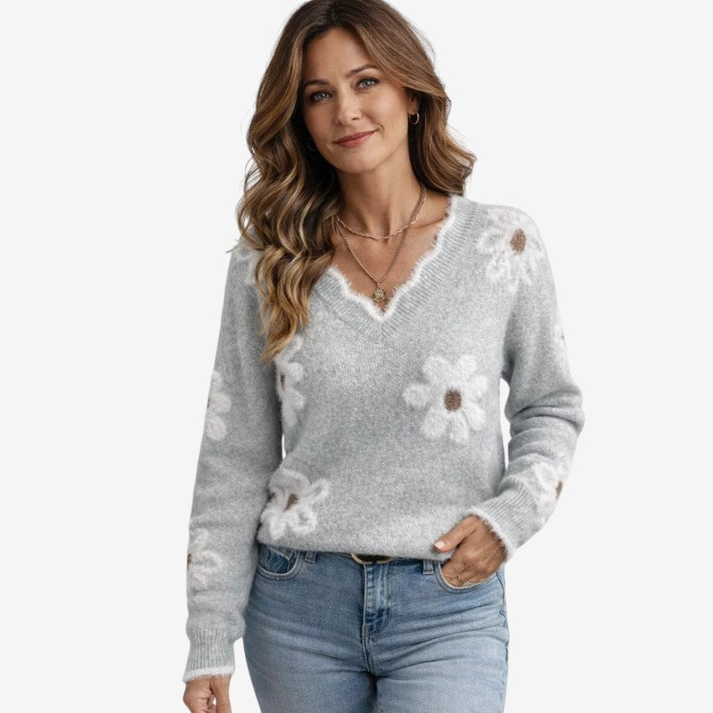 Maglione da donna con scollo a V e ricamo floreale