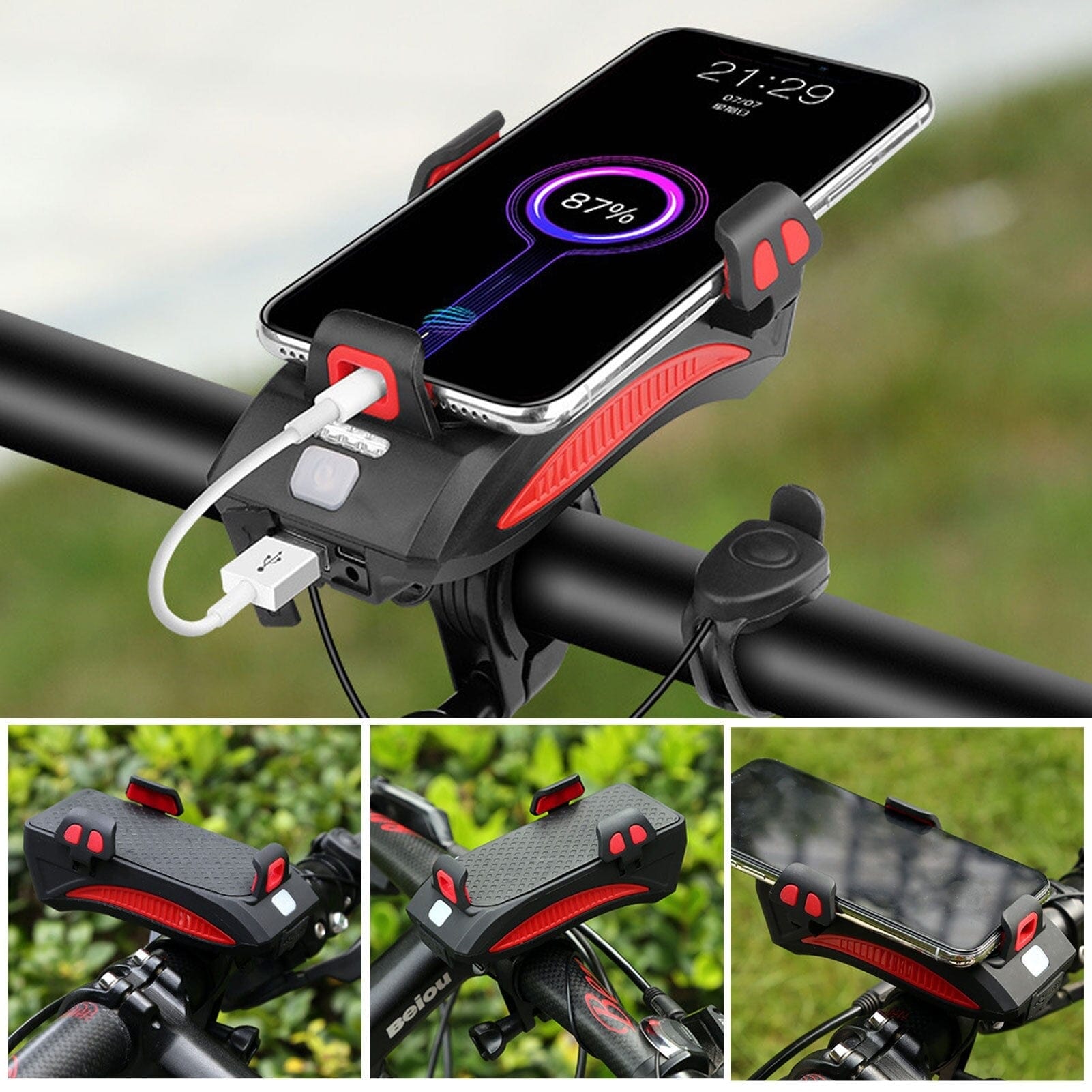 VeloSmart - Appareil vélo 4 en 1 avec lampe LED, klaxon, chargeur et support téléphone