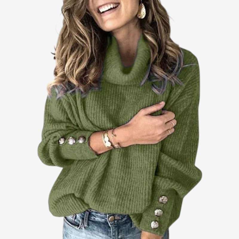 ButtonKnit - Damski sweter z golfem i ozdobnymi guzikami na rękawach