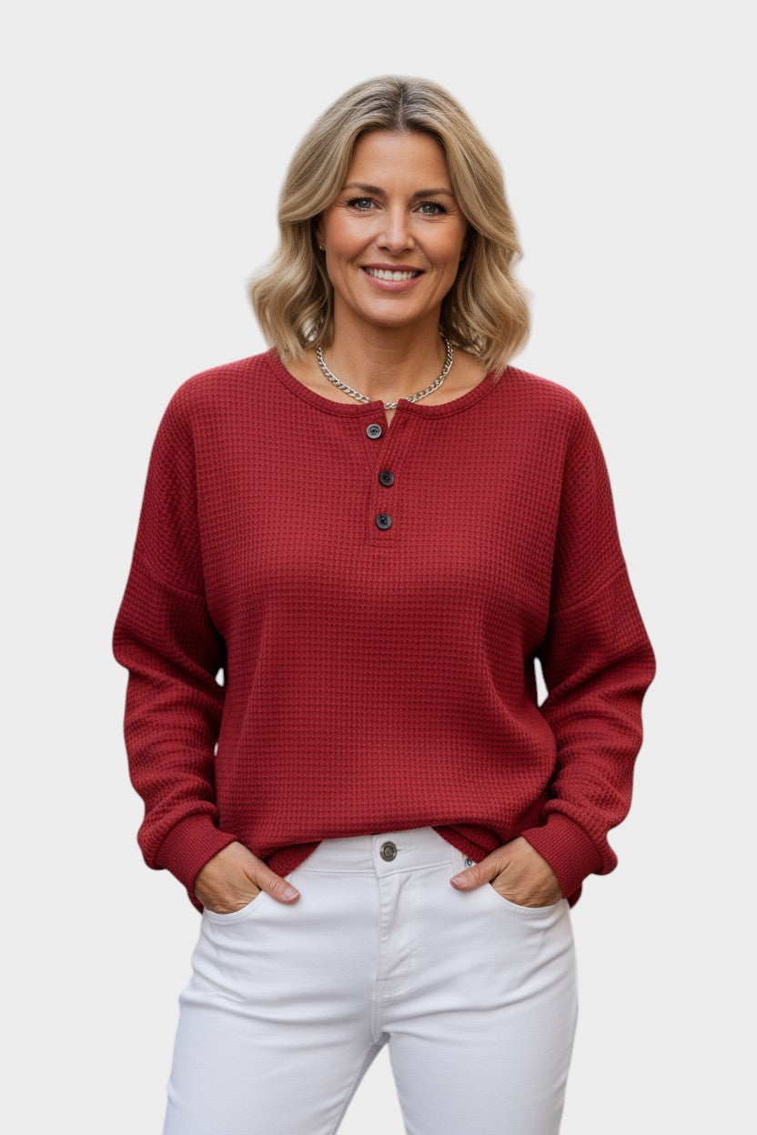 Maglione a maglia waffle - Maglione a maglia waffle con chiusura a bottoni e dettaglio del colletto