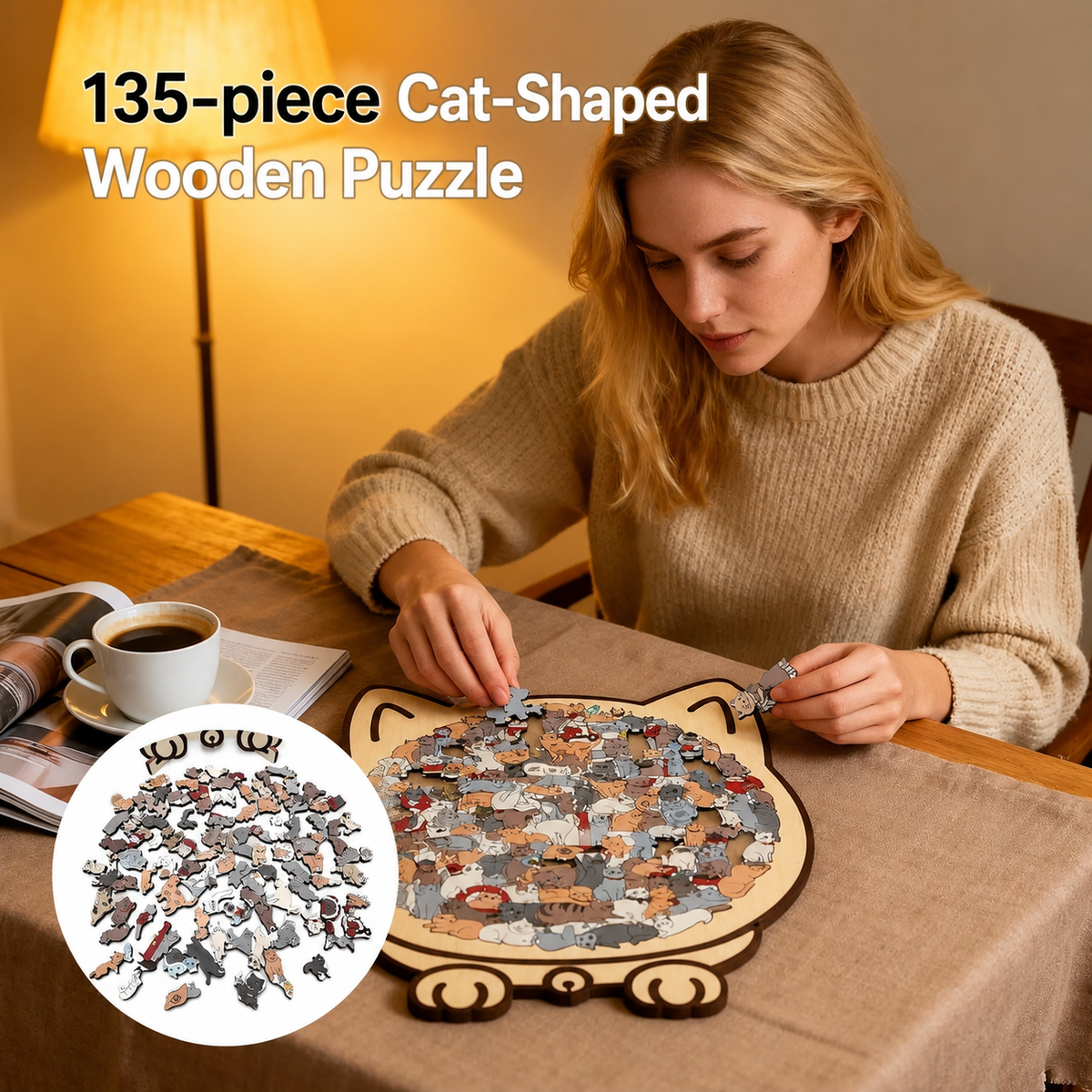 Pawzzle - Rompecabezas de madera con forma de gato de 135 piezas