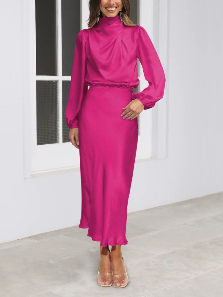 Celeste - Robe satinée de luxe à manches longues et taille ajustable