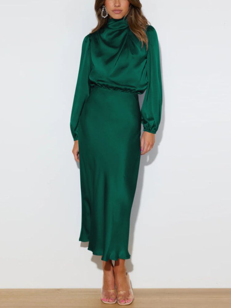 Celeste - Robe satinée de luxe à manches longues et taille ajustable