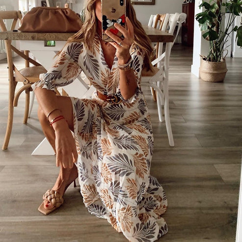 Olivia – Rochie maxi stilată cu imprimeu floral și talie cu curea