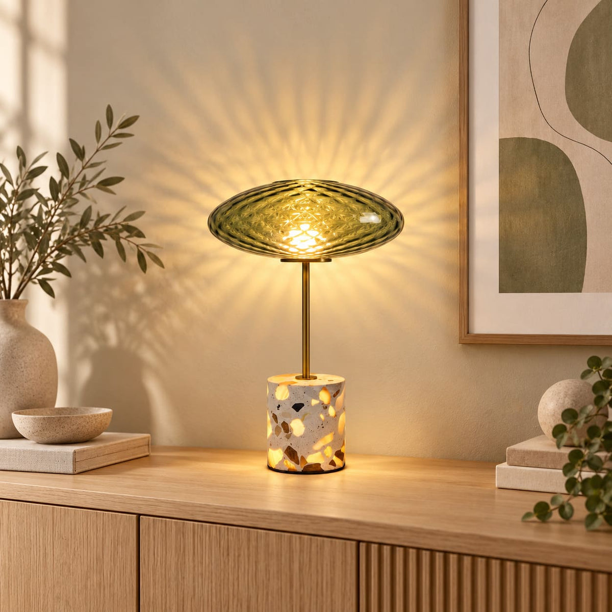 GlassGlow - Wireless Table Lamp With Glass Shade And Stone Base